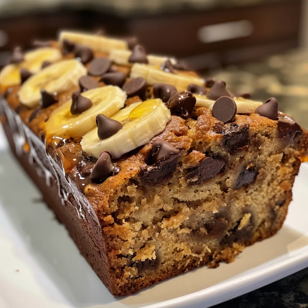 Close-up of a stack of brown butter chocolate chip banana bread slices, showing the texture and chocolate chips.