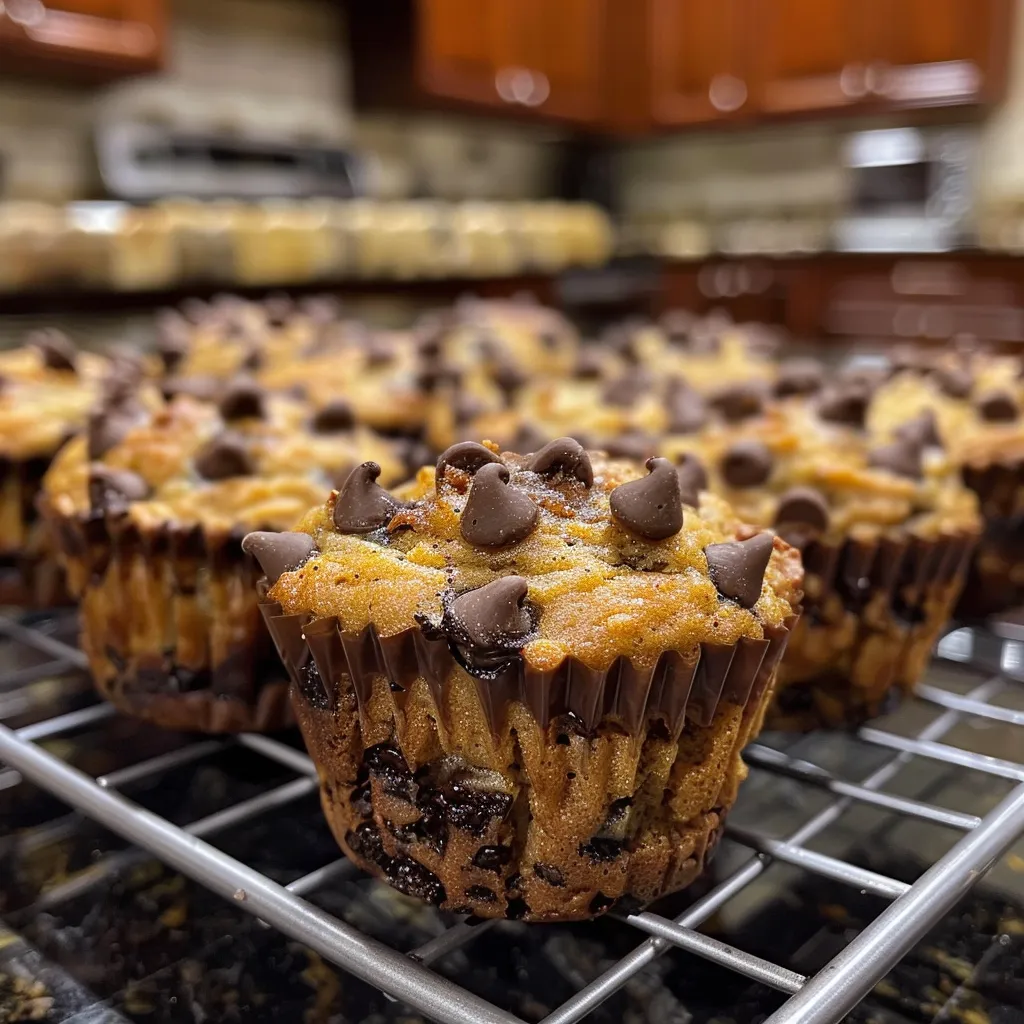 Two delicious chocolate chip banana bread muffins stacked on top of each other, one with a bite taken out.