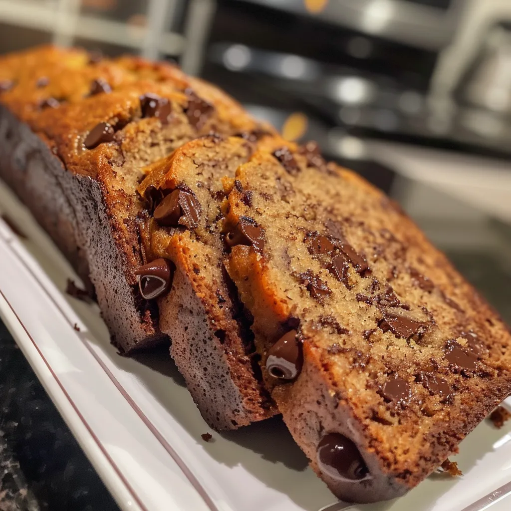 Slices of chocolate chip banana bread on a wooden board.
