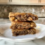 Close-up of several delightful banana bread cookies on a plate, with blurred bananas in the background.