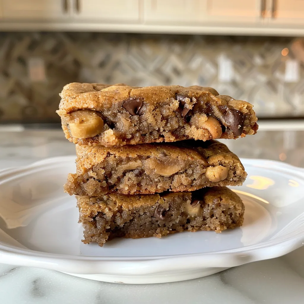 Close-up of several delightful banana bread cookies on a plate, with blurred bananas in the background.