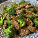 Close-up of a delicious bowl of beef and broccoli stir-fry.