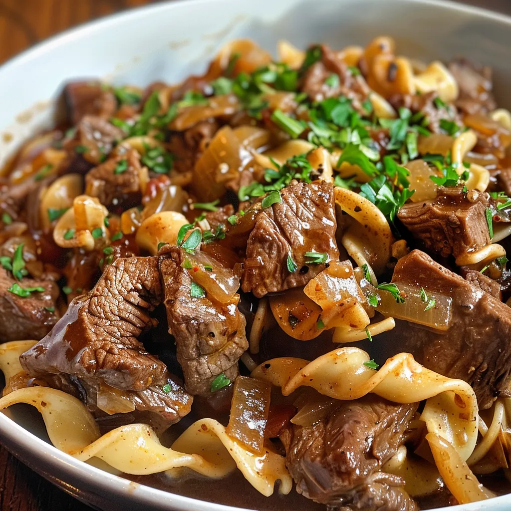 Close-up of tender beef and egg noodles in a rich gravy, served in a pressure cooker.