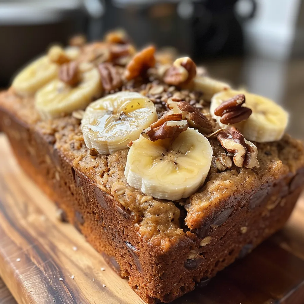 Delicious high-protein banana bread, sliced, showing texture and banana topping.