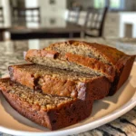 Slices of moist banana bread stacked with a pat of butter melting on top, next to fresh bananas.
