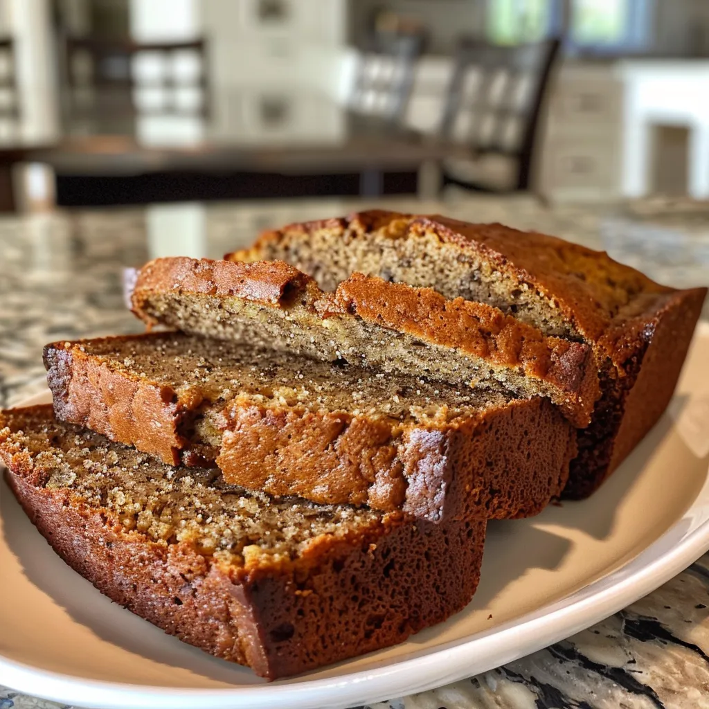Slices of moist banana bread stacked with a pat of butter melting on top, next to fresh bananas.