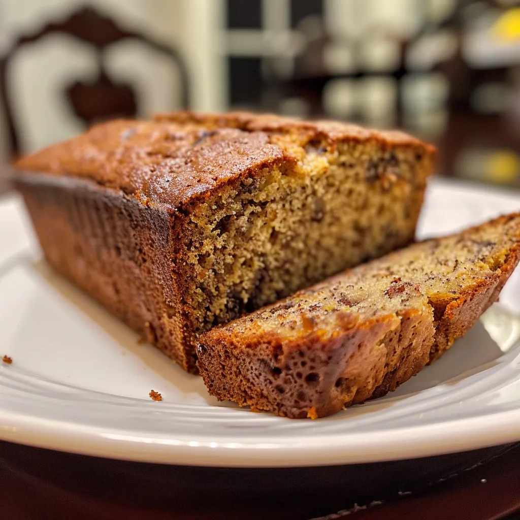 A slice of moist banana bread with melted butter on top, served on a plate.