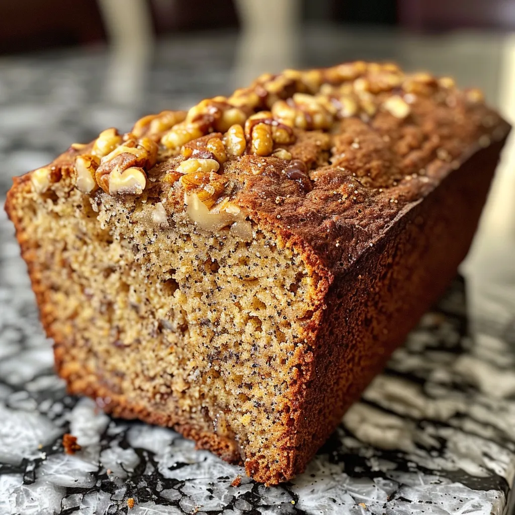 Close-up of three slices of moist banana nut bread on a plate.
