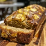 A loaf of freshly baked pineapple banana bread sliced on a cutting board with a knife and bananas in the background.