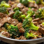 Savory beef and broccoli stir-fry in a bowl.