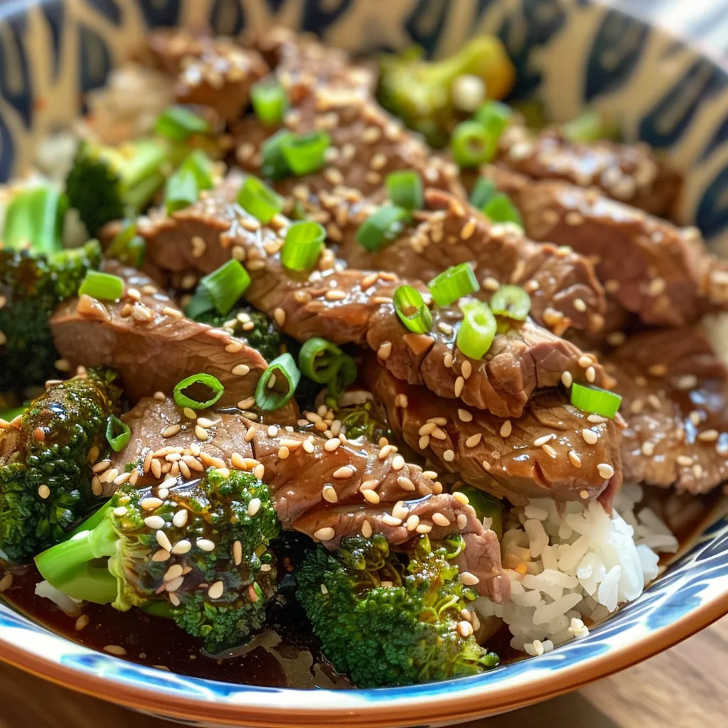 A close-up of a bowl of slow cooker beef and broccoli over rice, garnished with sesame seeds and green onions.