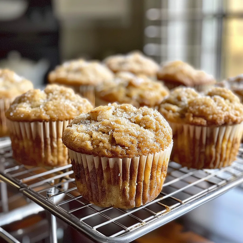 Delicious soft and sweet banana muffins on a wooden tray with a cup of tea and bananas in the background.