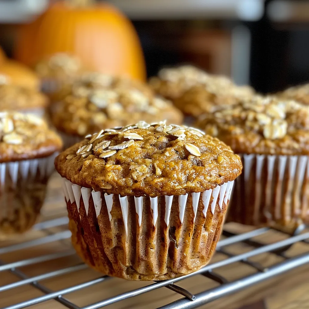 Two pumpkin banana oatmeal muffins stacked on top of each other, with a bite taken out of each. A blurred background shows a glass of milk and banana.